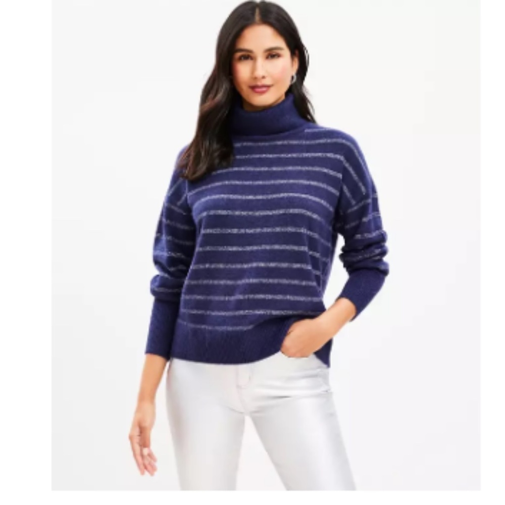 LOFT Women’s Shimmer Stripe Turtleneck Sweater - Petite Medium - Blue